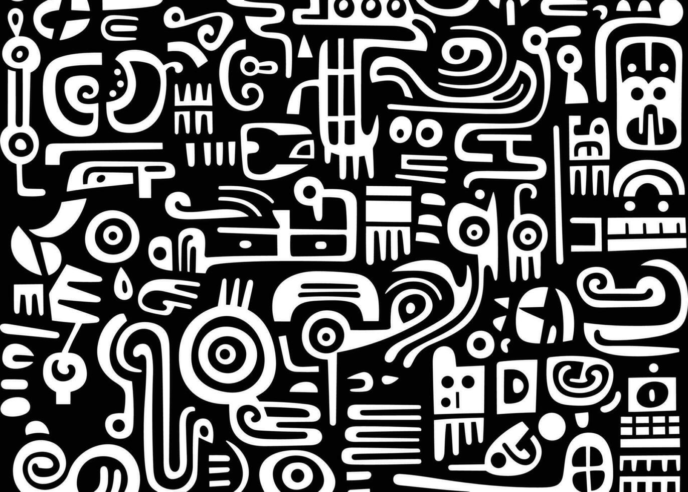 abstract pattern in black and white with various shapes and symbols, in the style of afro-colombian themes, freeform minimalism, texture-rich, expansive vector