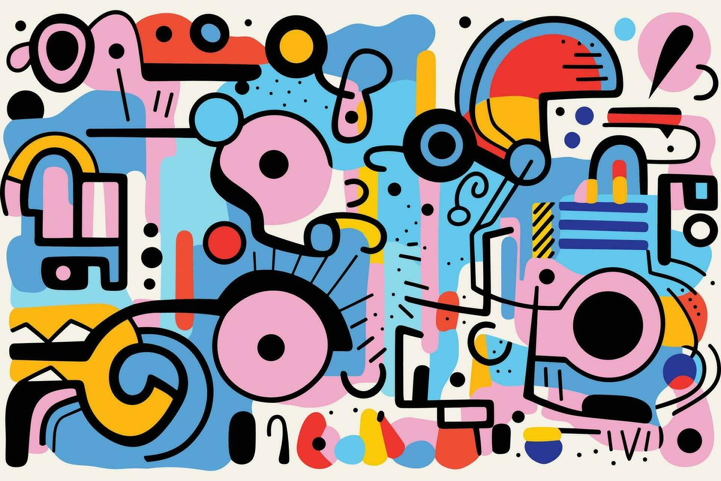 colorful geometric shapes in different colors, in the style of whimsical figures, geometric shapes patterns, memphis design, curvilinear shapes, abstract non-representational shapes, bold outlines vector