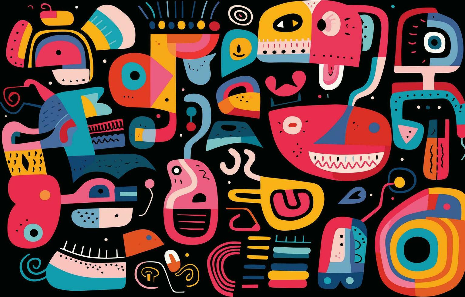 drawing with colorful shapes on black, in the style of playful cartoon illustrations, bold texture, animals and people, illustration, foampunk vector