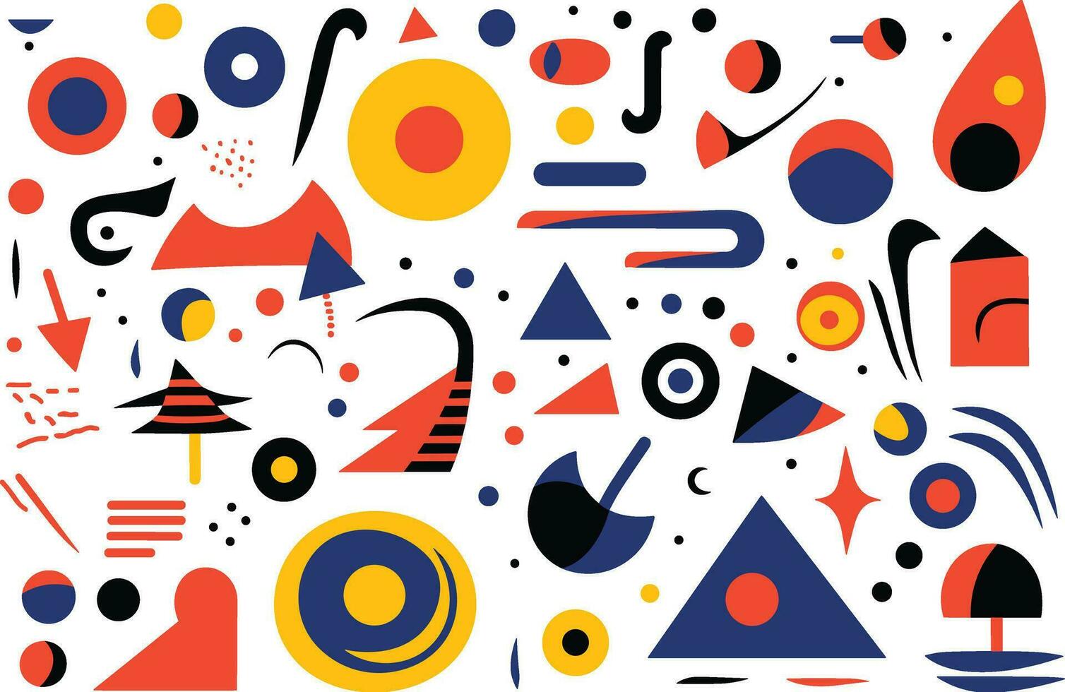 several different geometric abstract design elements, in the style of bold and vibrant primary colors, robotic motifs, bold patterns, minimalist illustrator, bauhaus, precisionist, white background vector