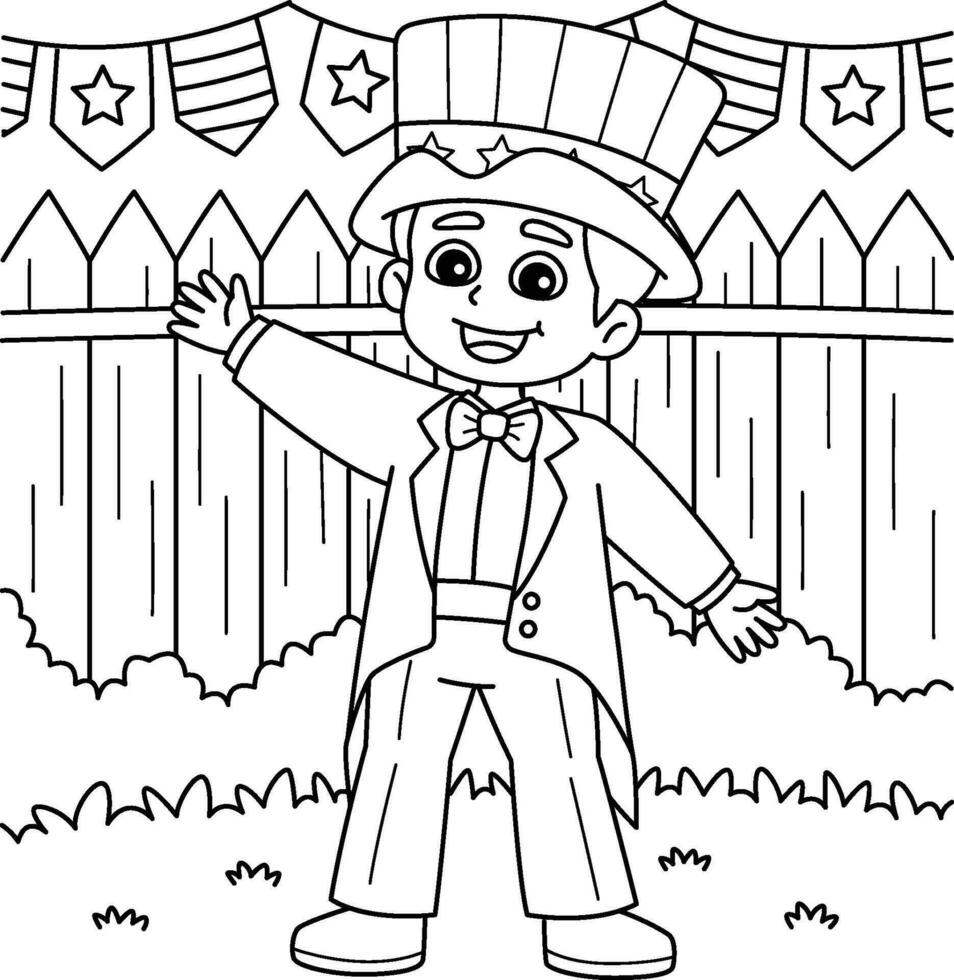 4th of July Kid Dress Up Uncle Sam Coloring Page vector