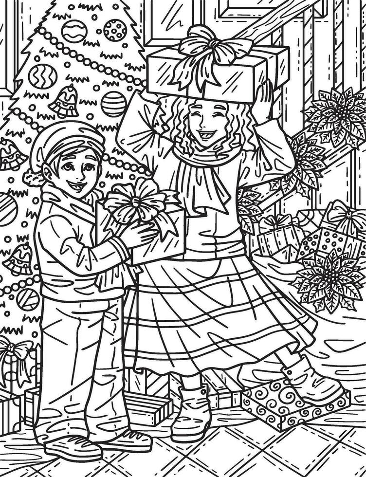 Christmas Children with Gifts Adults Coloring Page vector
