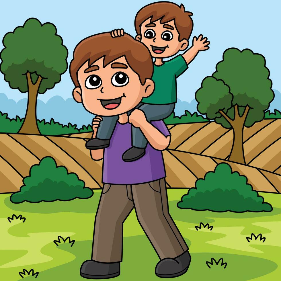 Father Carrying his Son Colored Cartoon vector