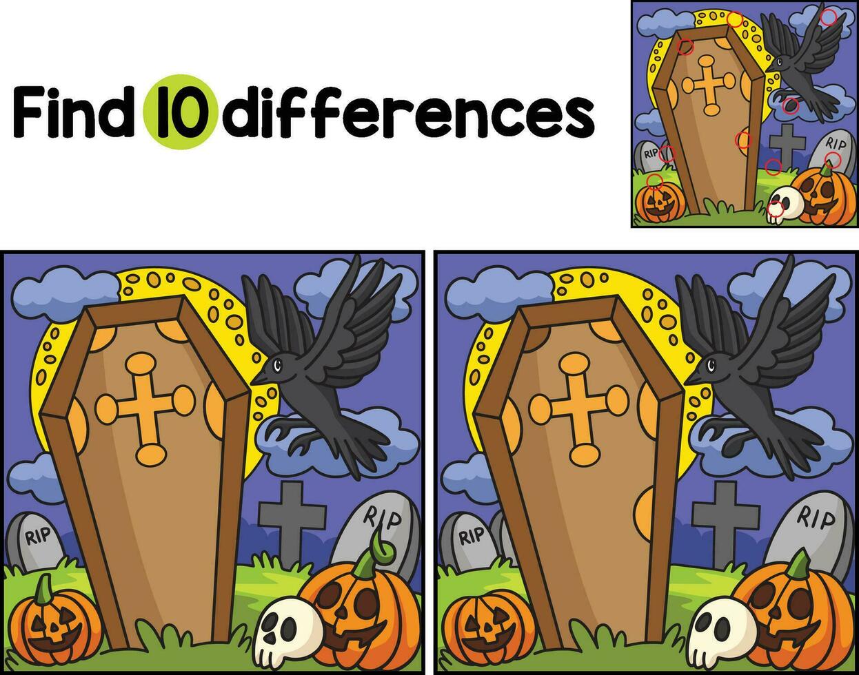 Crow In A Cemetery Halloween Find The Differences vector