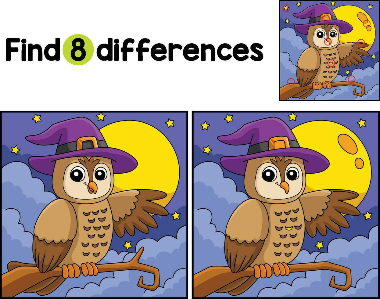 Owl Witch Hat Halloween Find The Differences vector