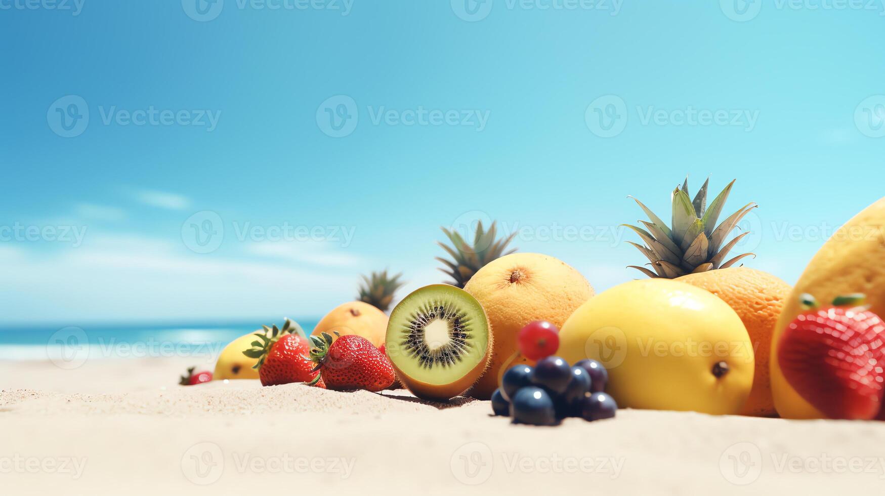 tropical fruit lying down in beach sand ai generative 25376369 Stock Photo at Vecteezy