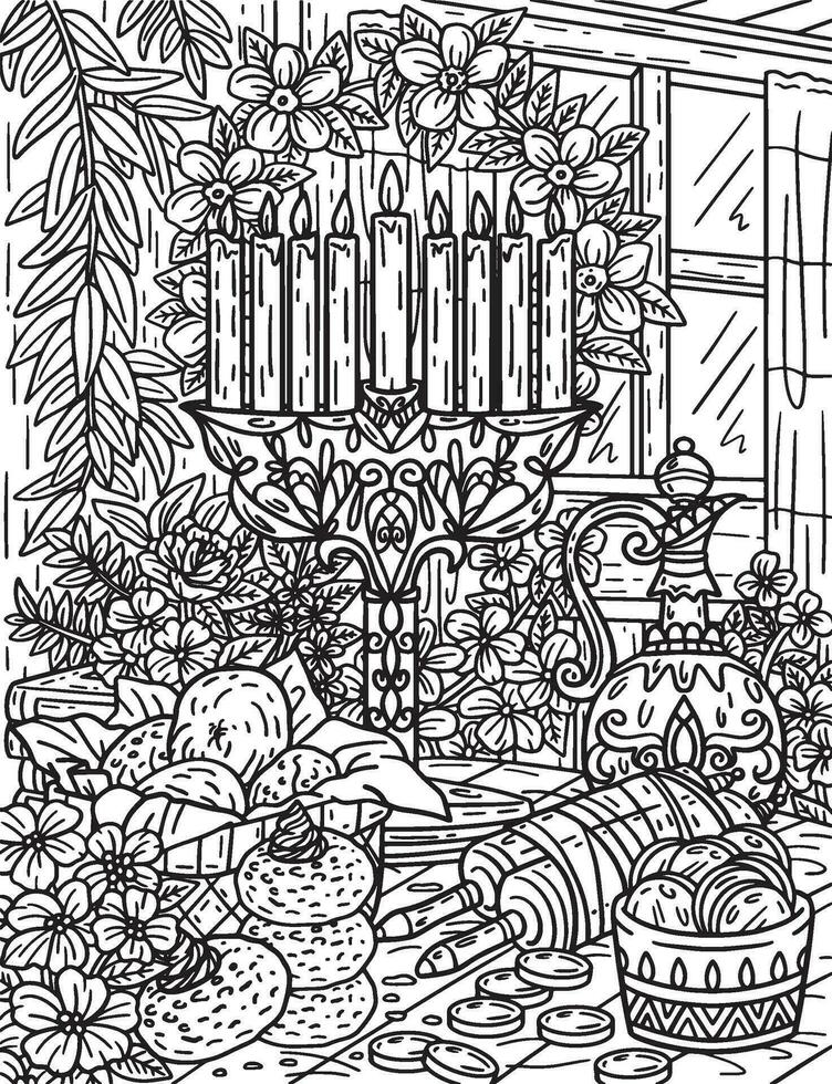 Hanukkah Altar Coloring Page for Adults vector
