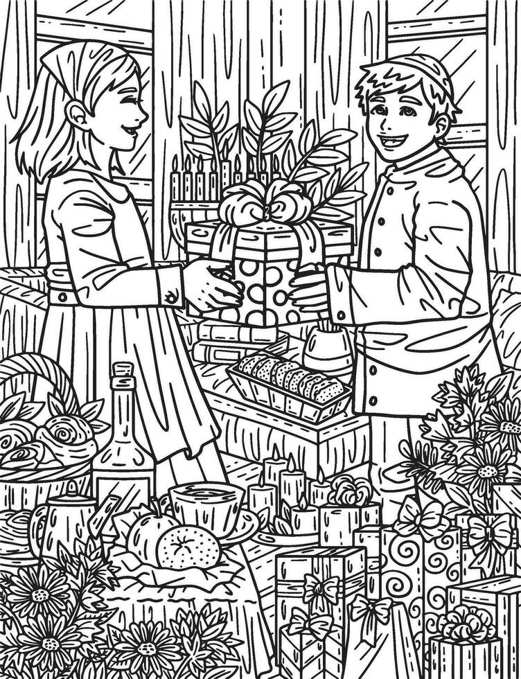 Hanukkah Children Exchanging Gifts Adults Coloring vector
