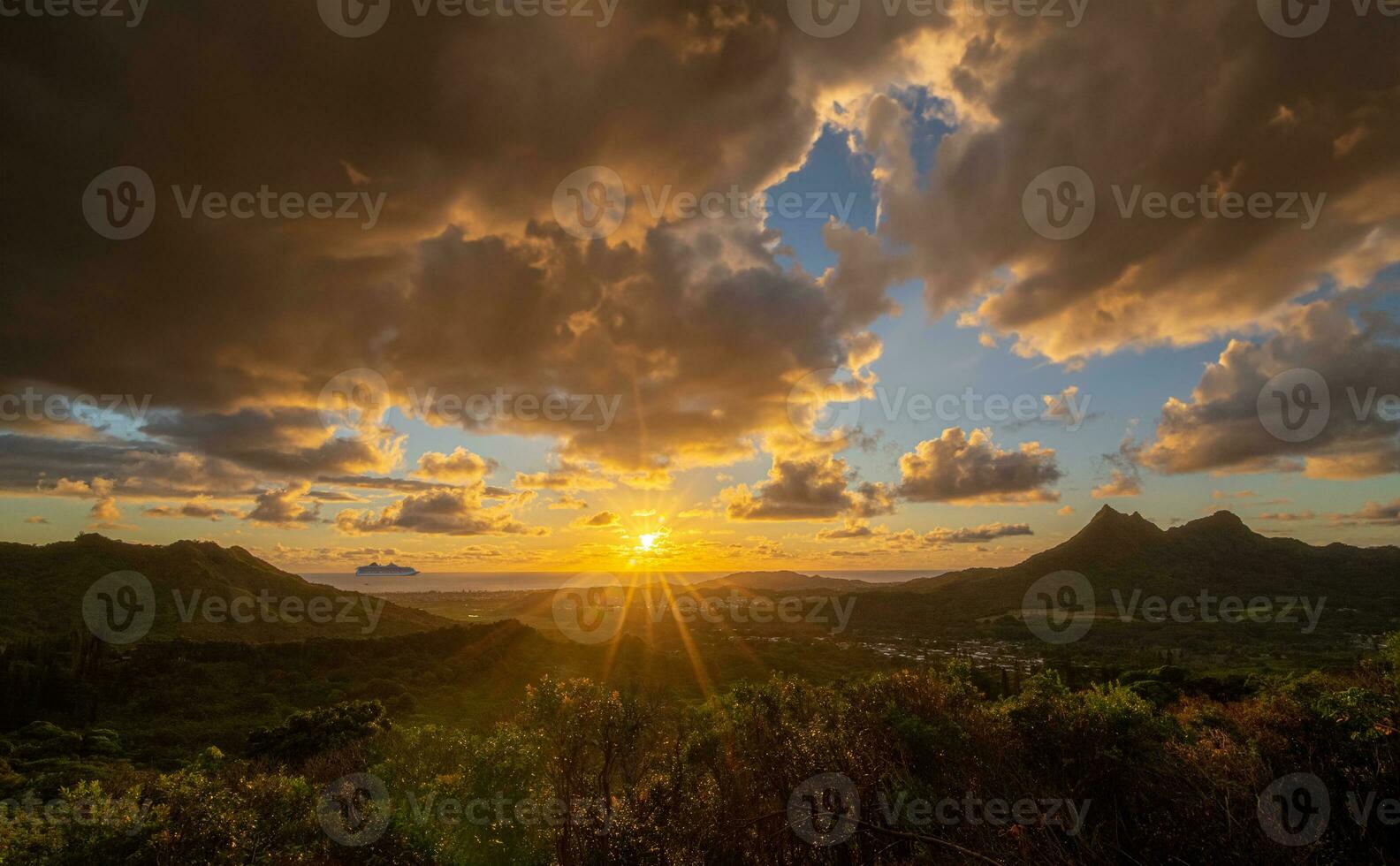 Panoramic aerial image from the Pali Lookout on the island of Oahu in Hawaii. photo