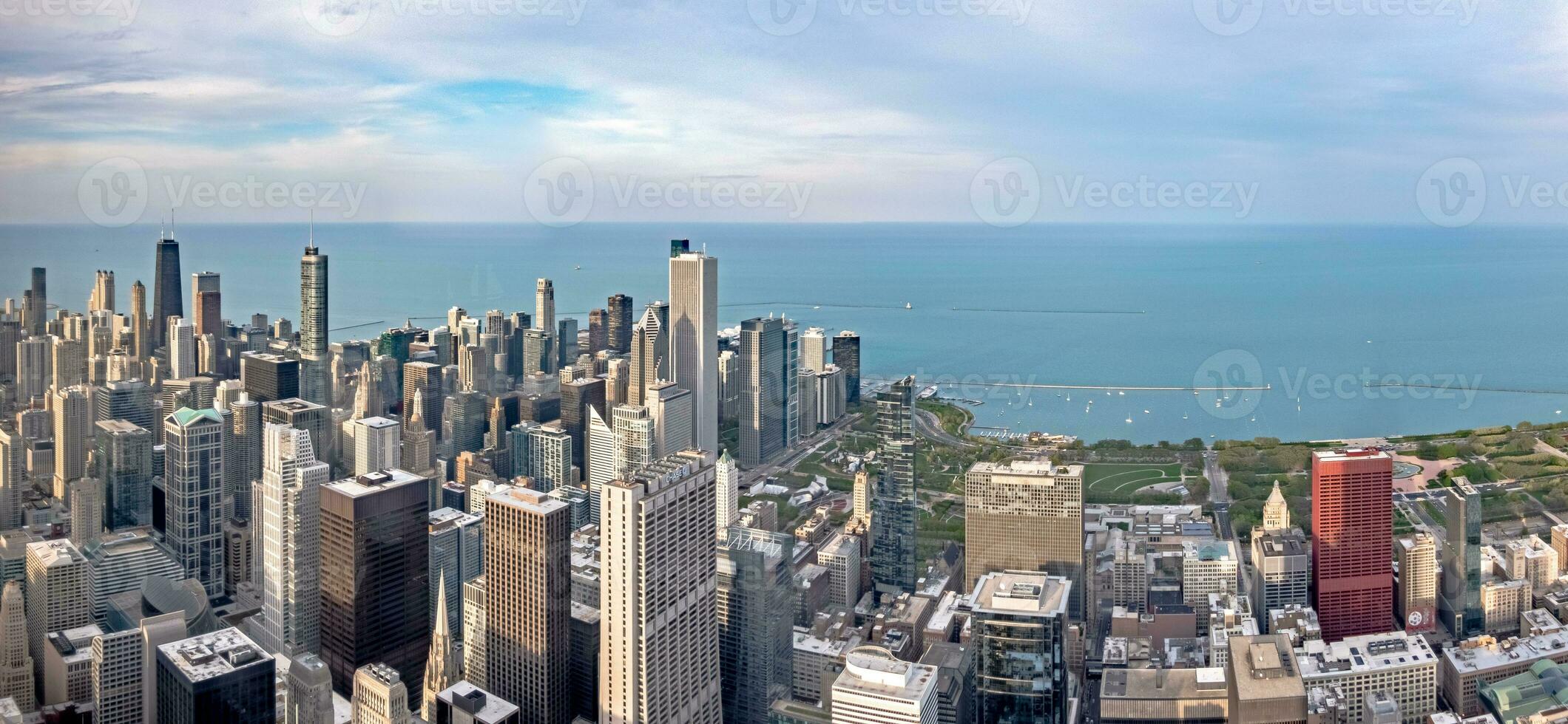 Chicago city skyscrapers aerial view, blue sky background. Skydeck observation deck photo