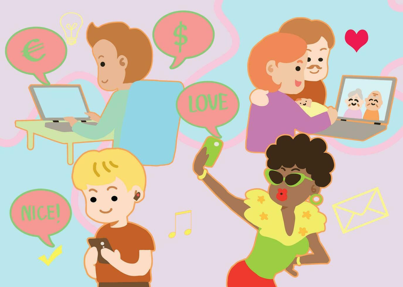 People with social media in daily life. vector