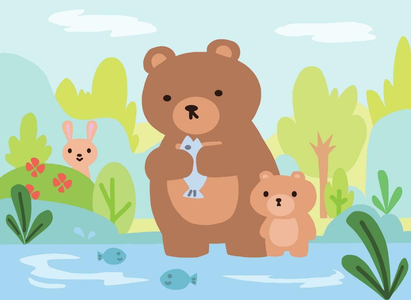 oso y su bebé encontrar algunos comida en el bosque. vector
