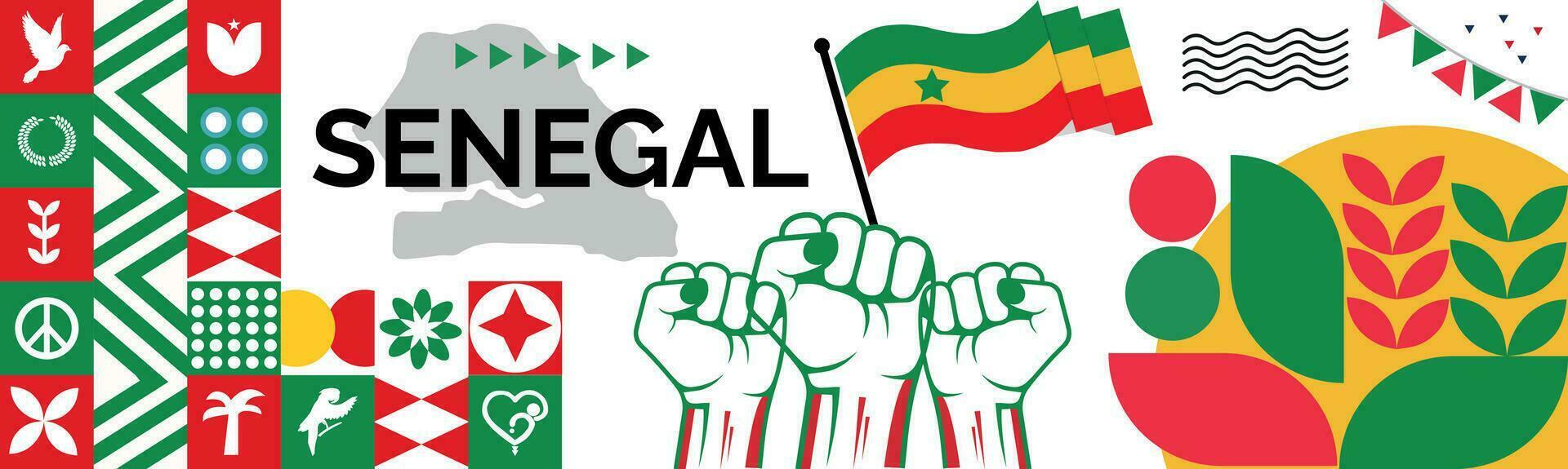 Senegal Map and raised fists. National day or Independence day design for Senegal celebration. Modern retro design with abstract icons. Vector illustration.