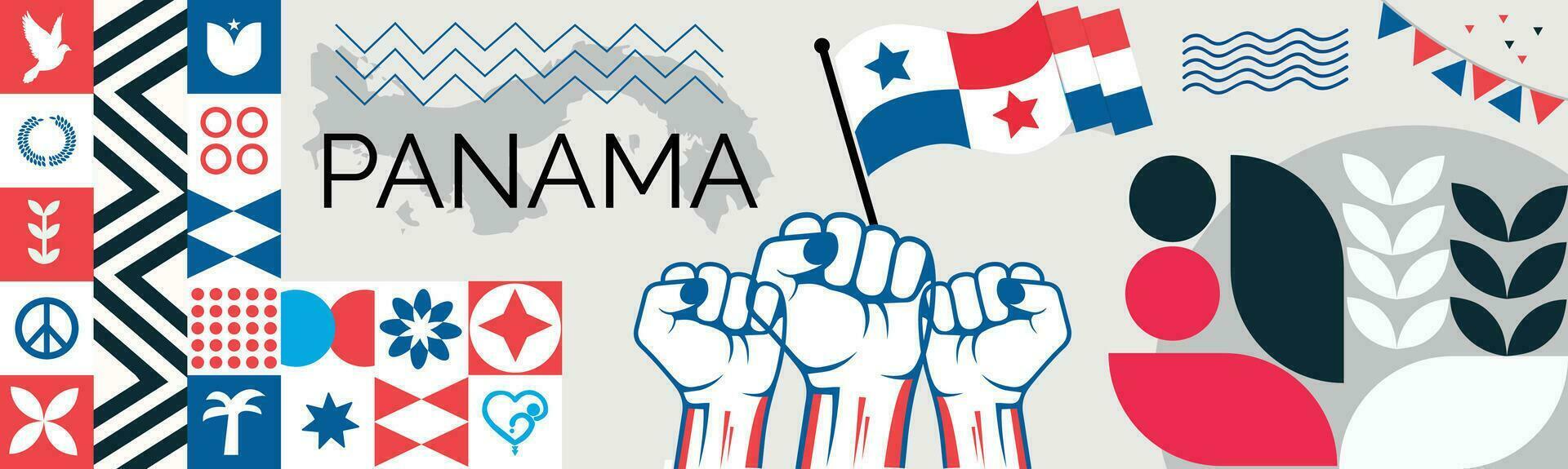 PANAMA Map and raised fists. National day or Independence day design for PANAMA celebration. Modern retro design with abstract icons. Vector illustration.