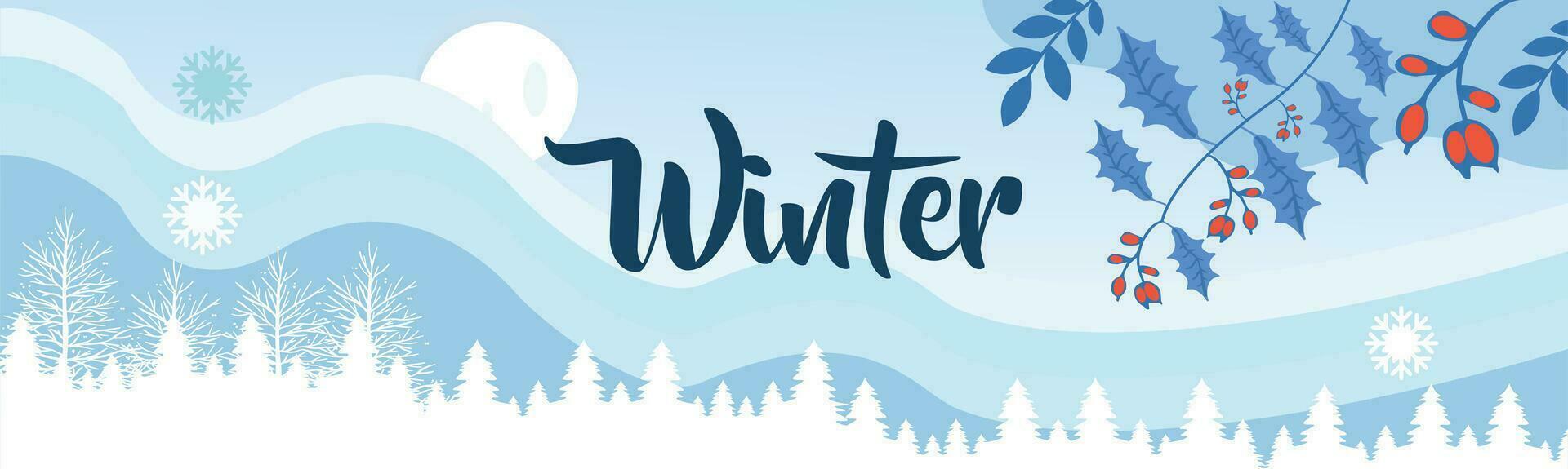 Flat winter landscape. Snowy backgrounds. Snowdrifts. Snowfall. Clear blue sky. Design elements for poster, book cover, brochure, magazine, flyer, booklet. Winter background banner. vector