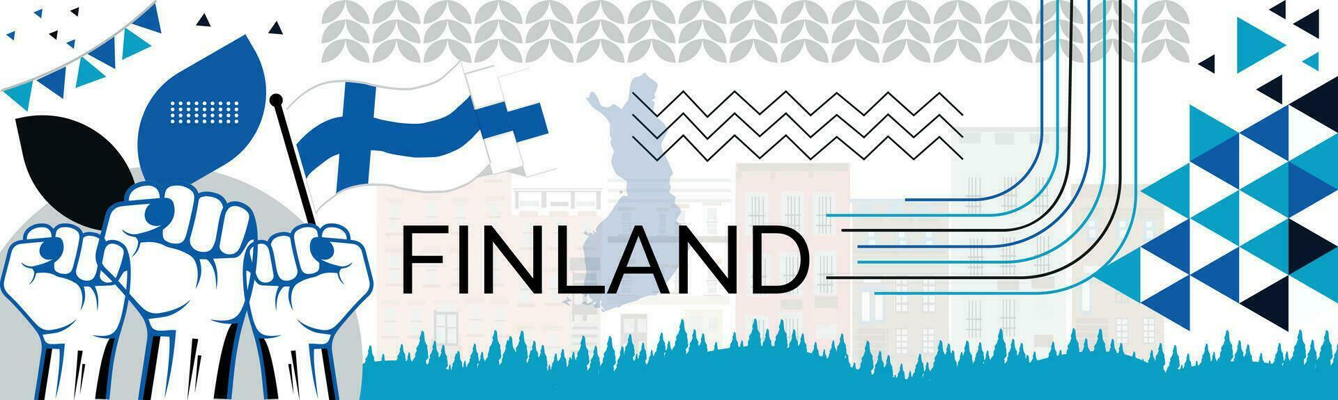 Finlandia mapa y elevado puños nacional día o independencia día diseño para Finlandia celebracion. moderno retro diseño con resumen iconos vector ilustración.