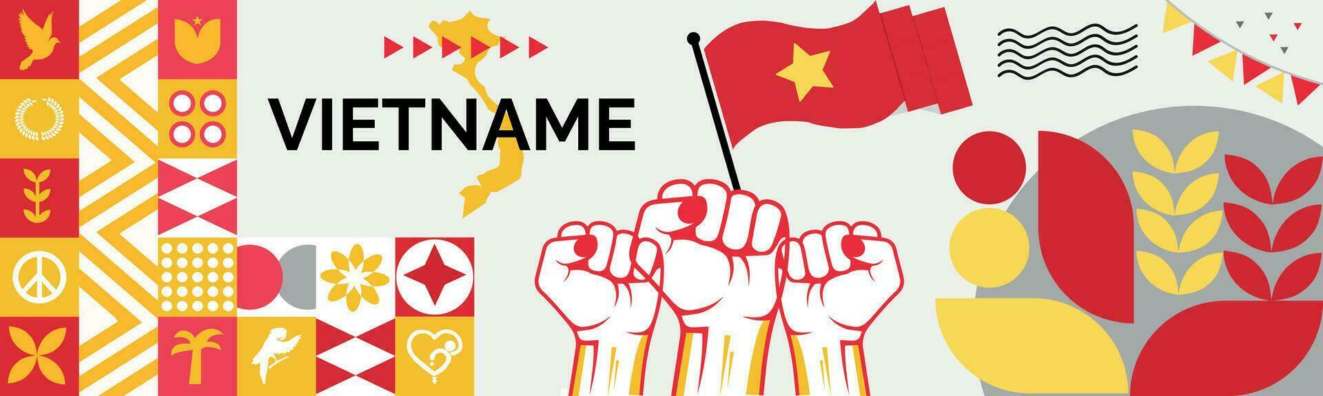 VIETNAME Map and raised fists. National day or Independence day design for VIETNAME celebration. Modern retro design with abstract icons. Vector illustration.