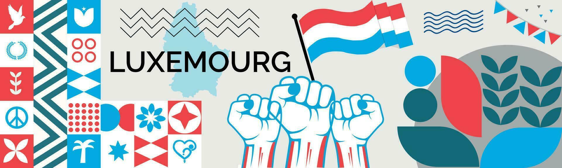 LUXEMOURG Map and raised fists. National day or Independence day design for LUXEMOURG celebration. Modern retro design with abstract icons. Vector illustration.