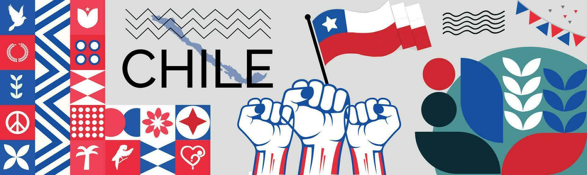 CHILE Map and raised fists. National day or Independence day design for CHILE celebration. Modern retro design with abstract icons. Vector illustration.