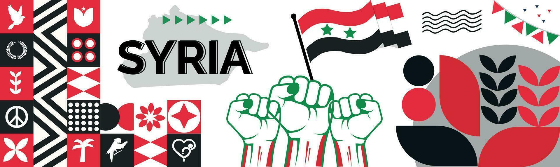 Syria Map and raised fists. National day or Independence day design for Syria celebration. Modern retro design with abstract icons. Vector illustration.