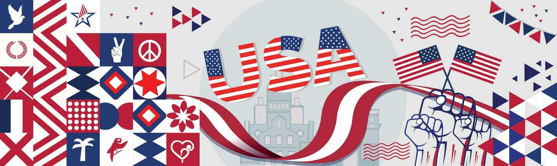 USA and raised fists. National day or Independence day design for USA celebration. Modern retro design with abstract icons. Vector illustration.