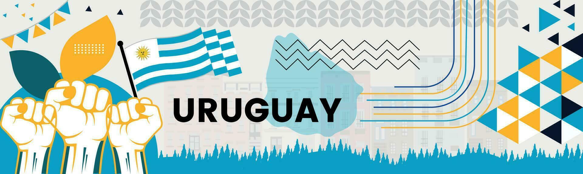 URUGUAY Map and raised fists. National day or Independence day design for URUGUAY celebration. Modern retro design with abstract icons. Vector illustration.