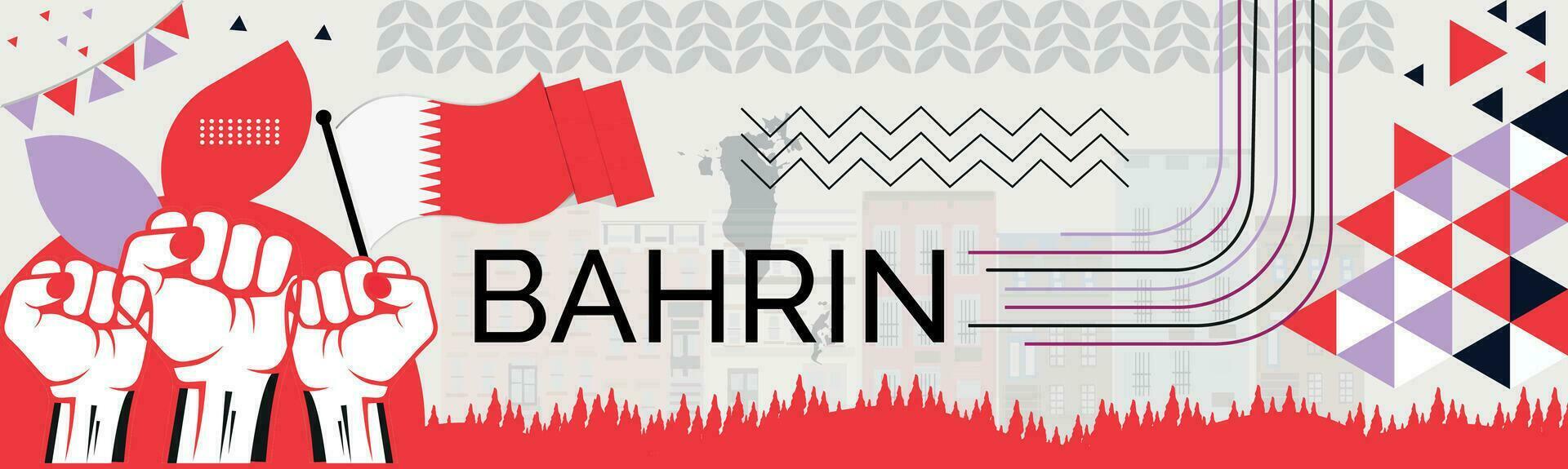 BAHRIN Map and raised fists. National day or Independence day design for BAHRIN celebration. Modern retro design with abstract icons. Vector illustration.