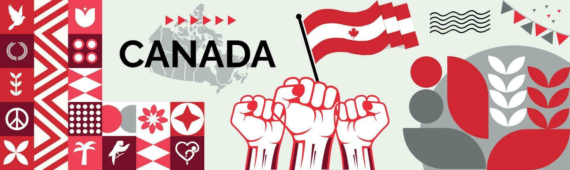 CANADA Map and raised fists. National day or Independence day design for CANADA celebration. Modern retro design with abstract icons. Vector illustration.