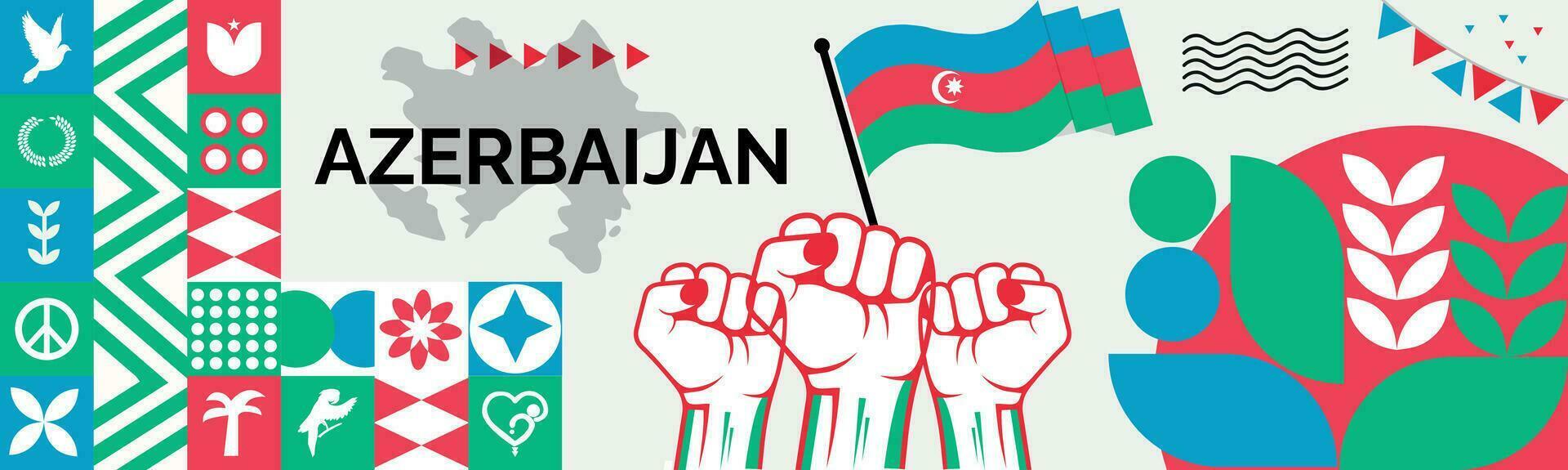 AZERBAIJAN Map and raised fists. National day or Independence day design for AZERBAIJAN celebration. Modern retro design with abstract icons. Vector illustration.