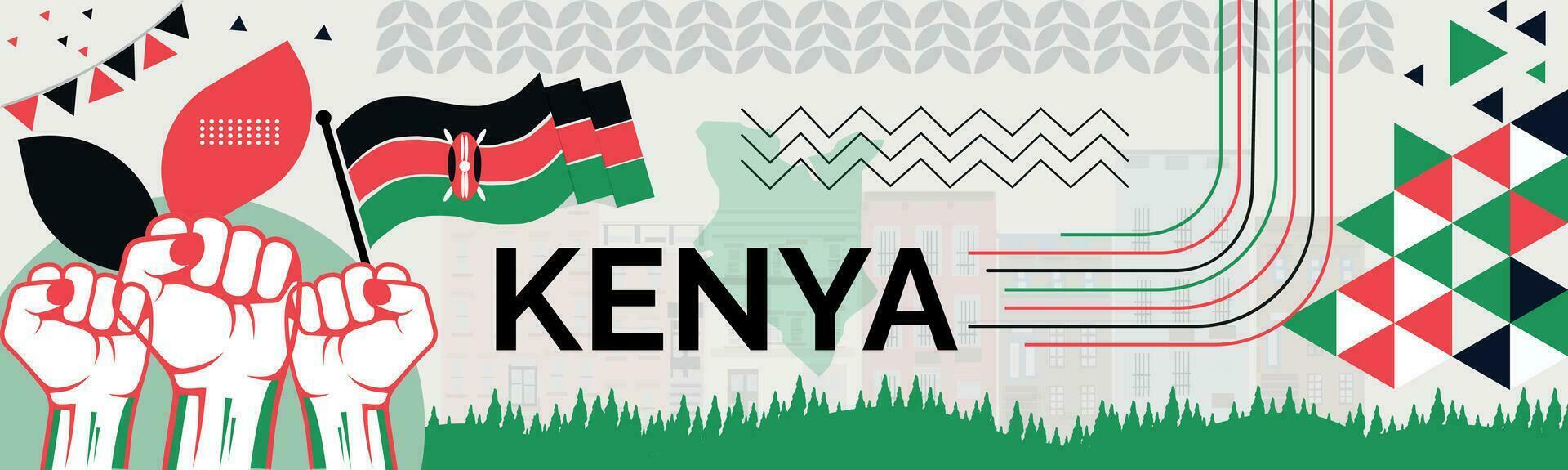 KENYA Map and raised fists. National day or Independence day design for KENYA celebration. Modern retro design with abstract icons. Vector illustration.