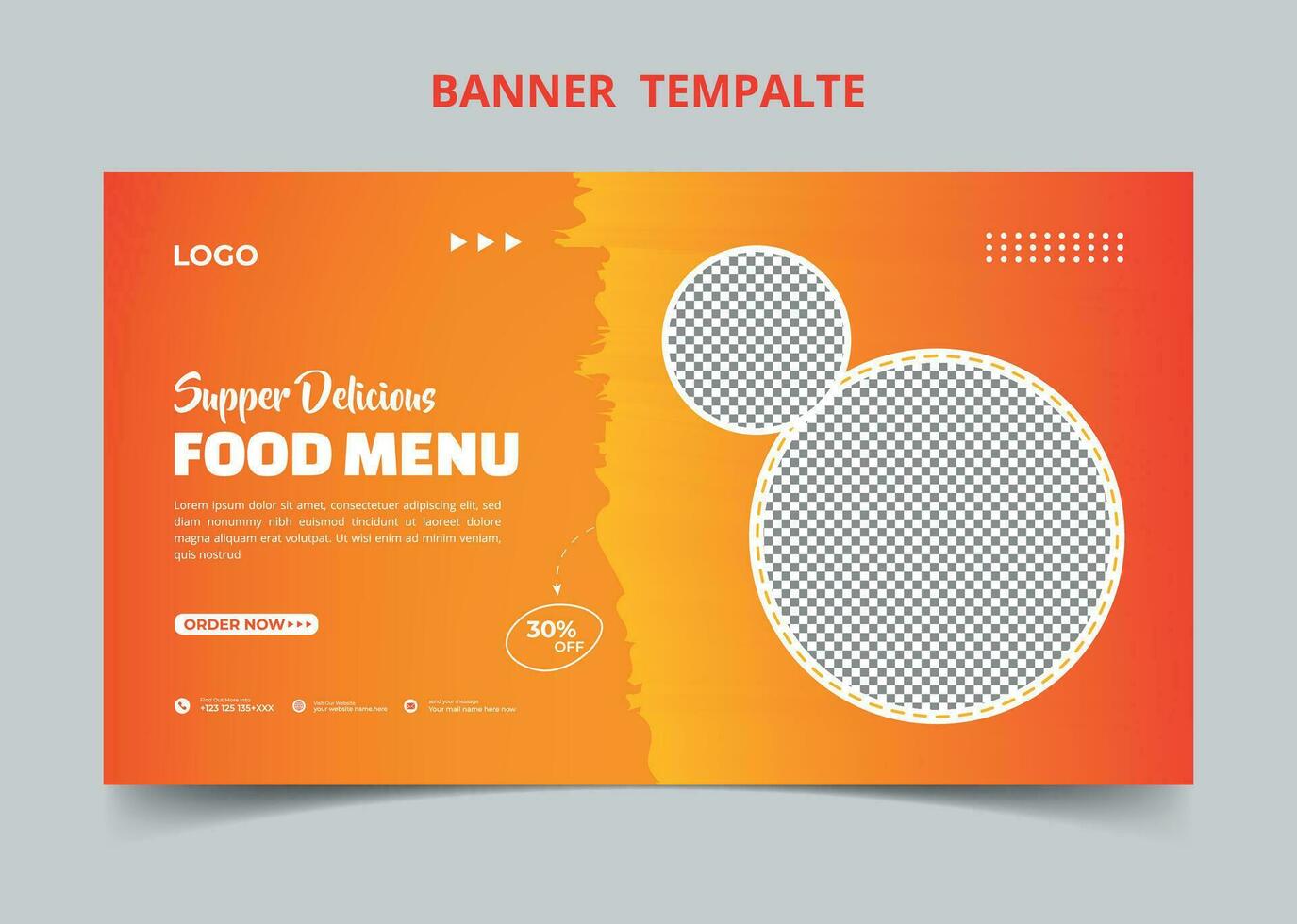 banner web de marketing en redes sociales del menú de comida del restaurante. miniatura de video de promoción de venta en línea de pizza, hamburguesa o hamburguesa. fondo del sitio web de comida rápida. volante de comida con logo e icono de negocio. vector