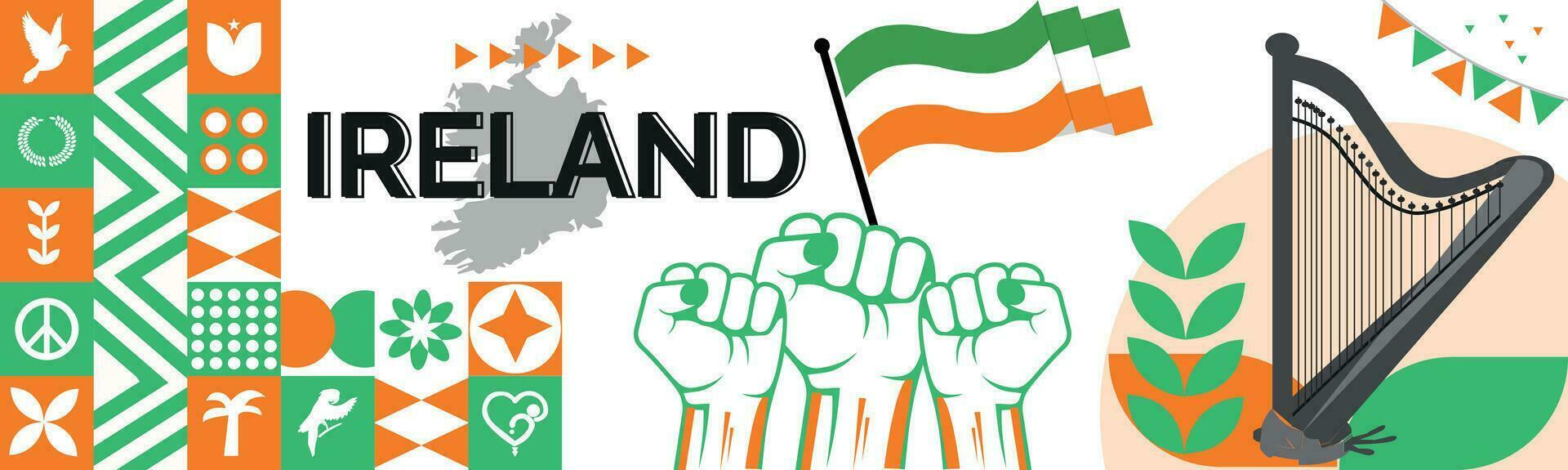 Ireland national day banner design. Ireland flag and map theme with background. Template vector Ireland flag modern design. Abstract geometric retro shapes of Green and blue color.