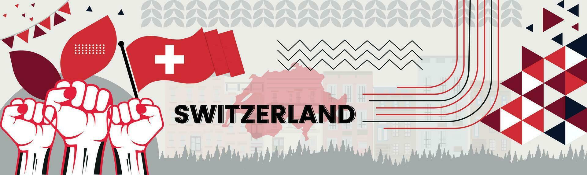 SWITZERLAND Map and raised fists. National day or Independence day design for SWITZERLAND celebration. Modern retro design with abstract icons. Vector illustration.