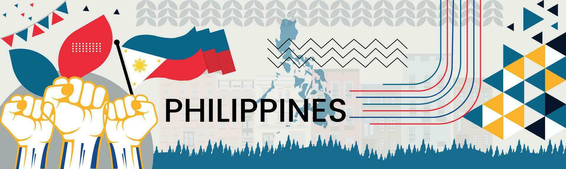 PHILIPPINES Map and raised fists. National day or Independence day design for PHILIPPINES celebration. Modern retro design with abstract icons. Vector illustration.
