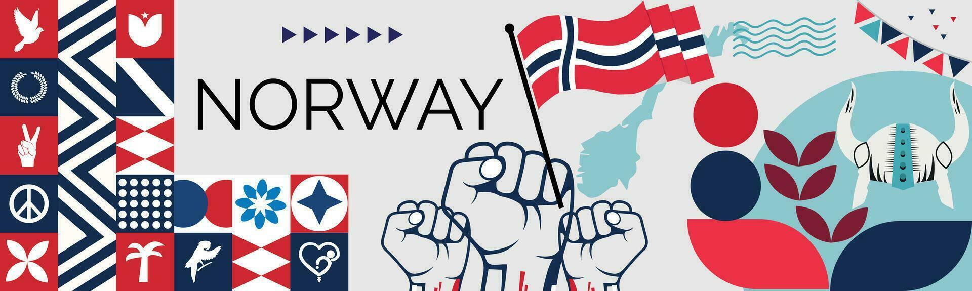 Norway national day banner design. Norwegian flag and map theme with Oslo Viking helmet background. Template vector Norway flag modern design. Abstract geometric retro shapes of red and blue color.