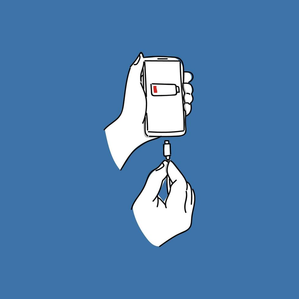 Doodle hand drawn sketch connect the charger to smart mobile phone vector
