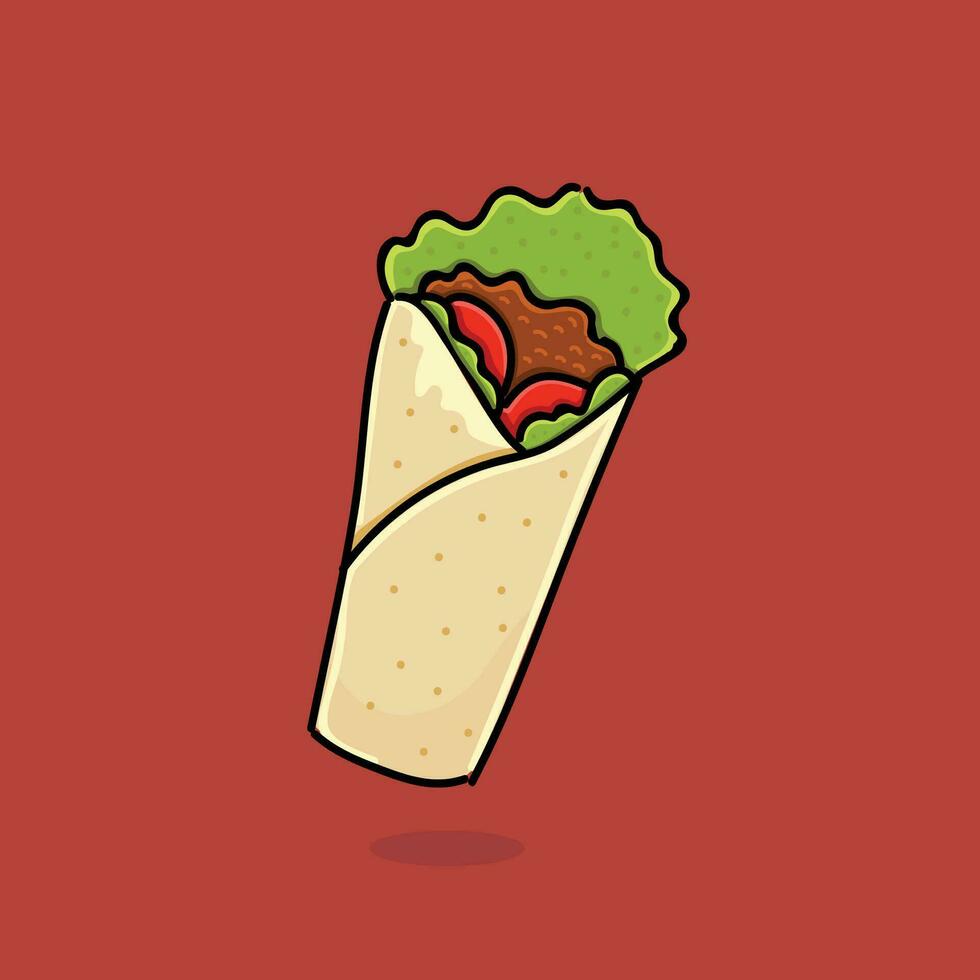 Shawarma or chicken wrap vector icon. Turkish fast food with meat and vegetables in pita bread. Meal on the grill of shawarma illustration.