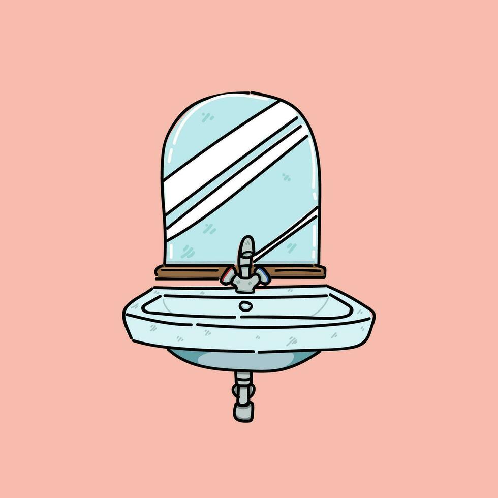 Bathroom sink with mirror illustration design vector in pink background