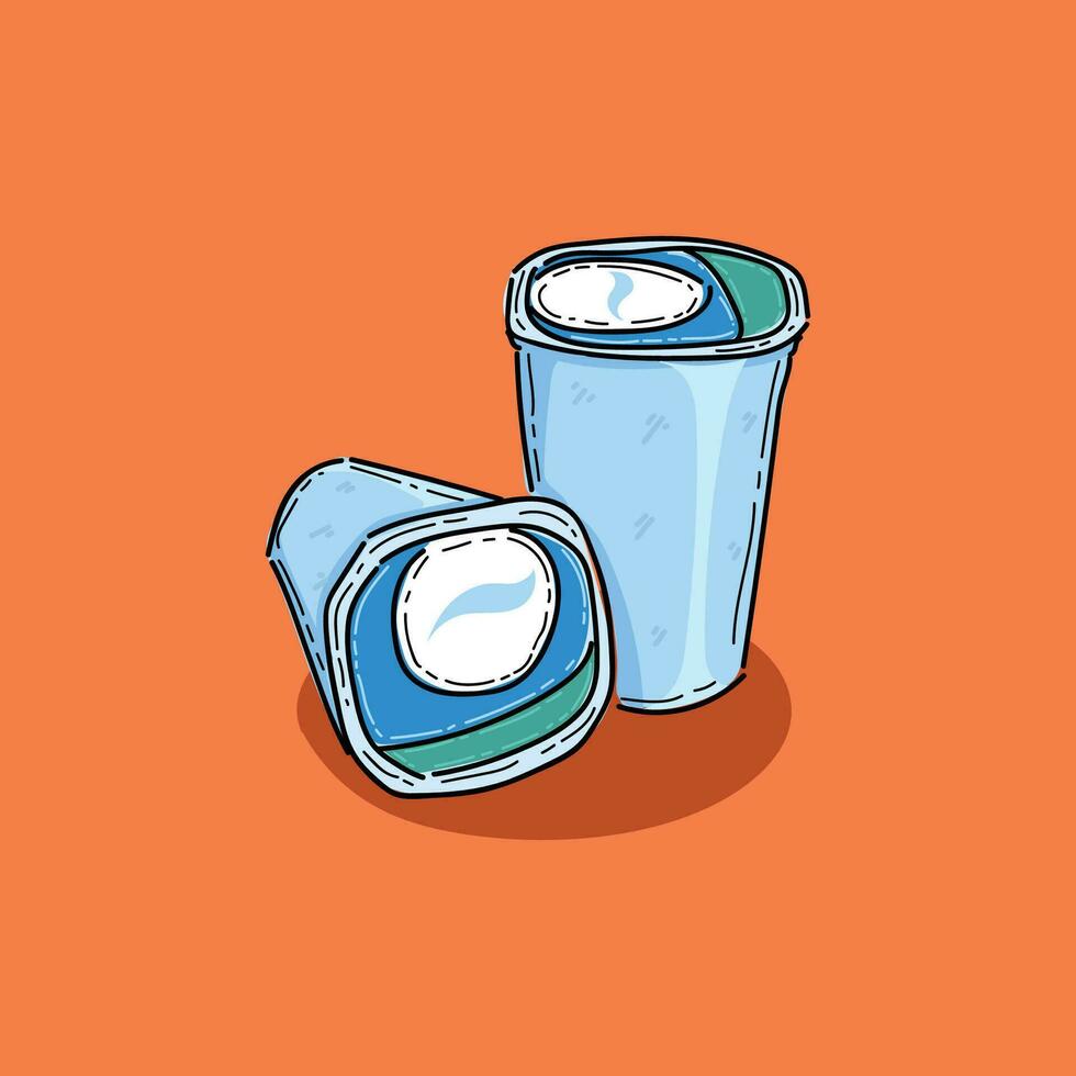 a cup of water plastic, blue color cup vector design illustration in the orange background