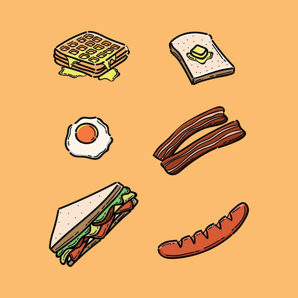 Set of cartoon food breakfast. Toaster,Bacon,Sausage,Sandwich,fried eggs and so. Vector illustration isolated on brown.