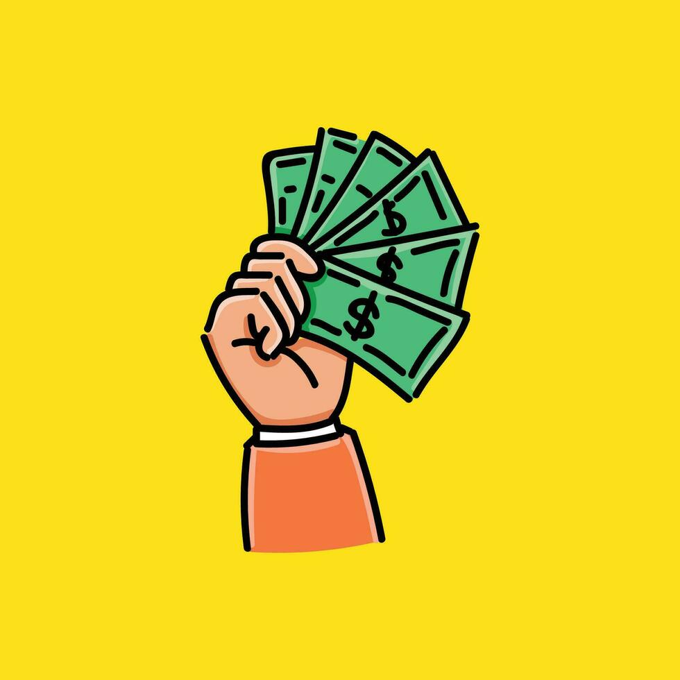 mano sostener dinero vector ilustración diseño en un amarillo antecedentes