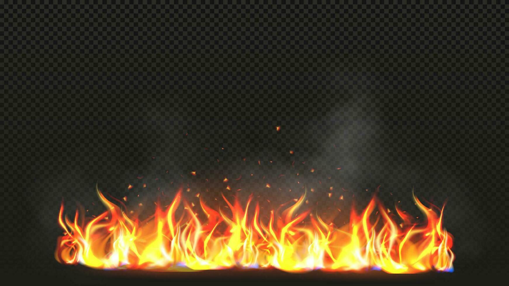 Realistic fire with smoke on a dark background. Vector illustration