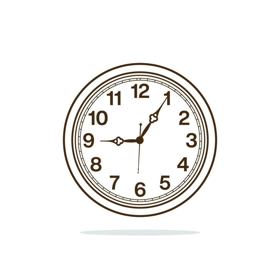 Cartoonish round clock face showing nine five o'clock isolated on light blue background. vector
