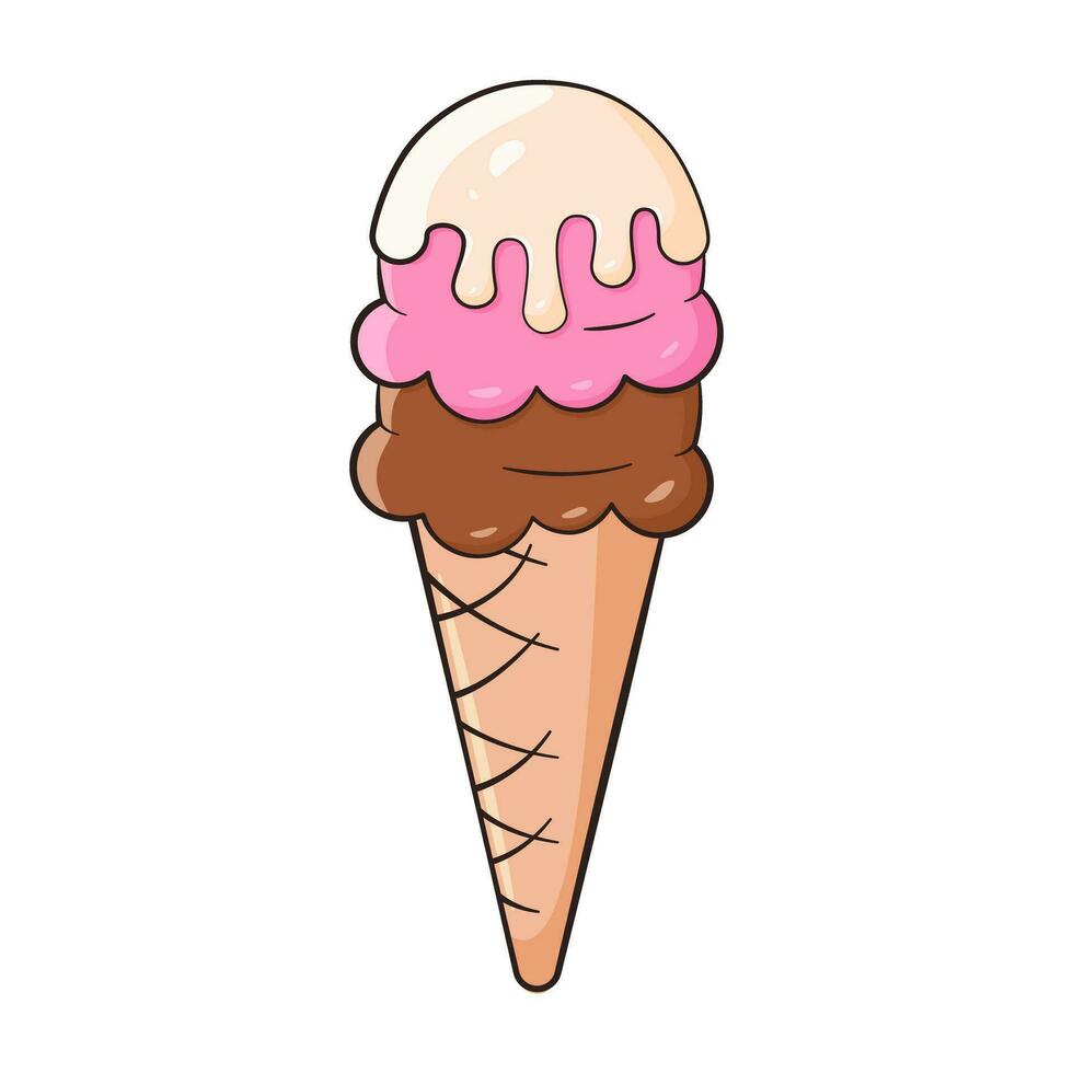 Ice cream balls in waffle cone. Cartoon vector