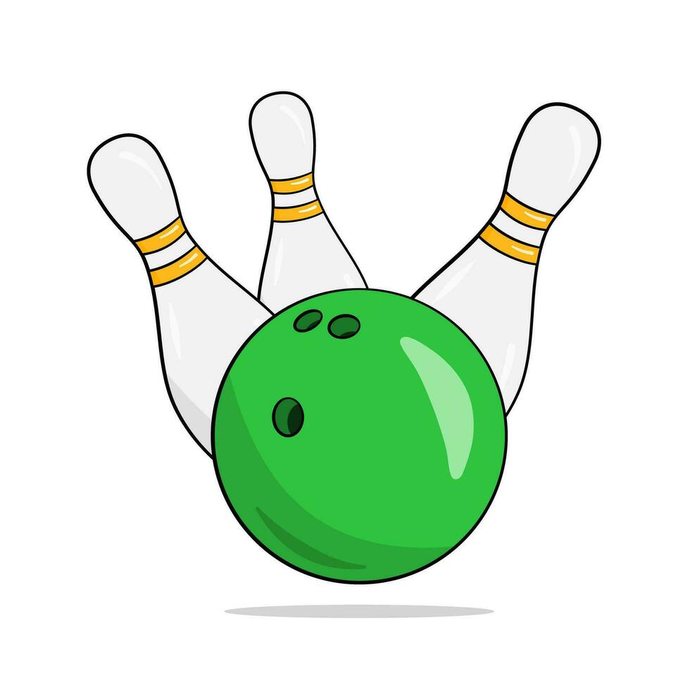 Green bowling ball and three bowling pins. Cartoon vector