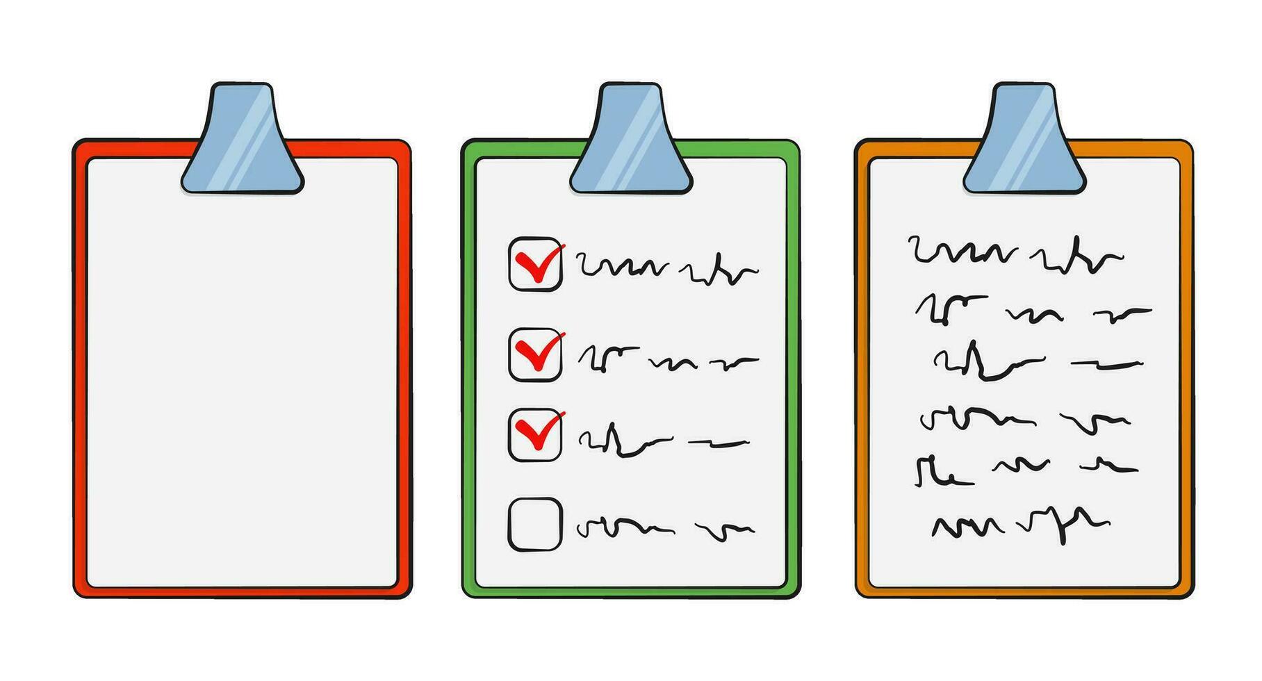 Set of clipboards with blank paper, notes and checklist. Cartoon vector