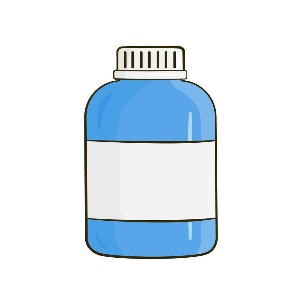 Blue bottle with empty label. Cartoon vector