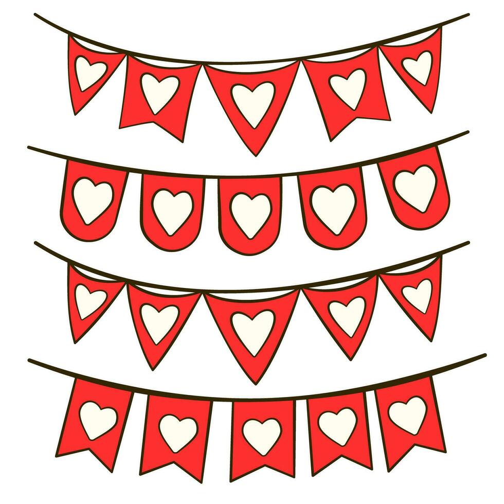 Set of red bunting flags with hearts. Valentine's day. Cartoon flat icons vector