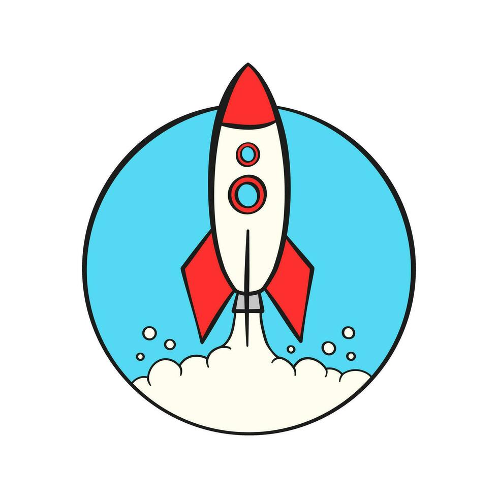Startup business concept. Rocket launching with blue background. Cartoon. White background vector