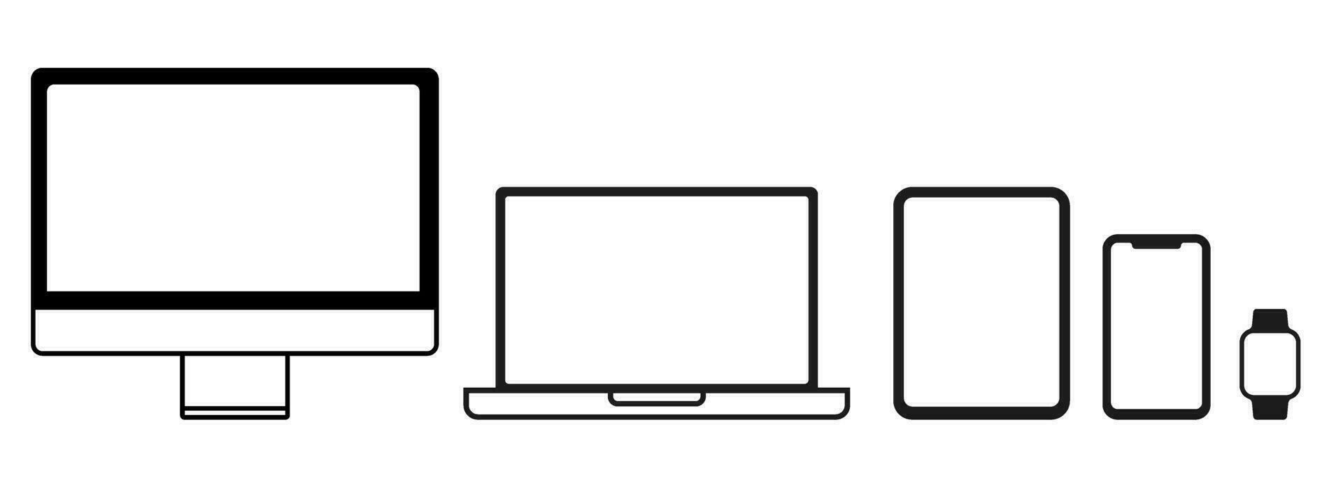 conjunto de electrónico dispositivos iconos computadora, computadora portátil, tableta, teléfono inteligente, reloj inteligente vector